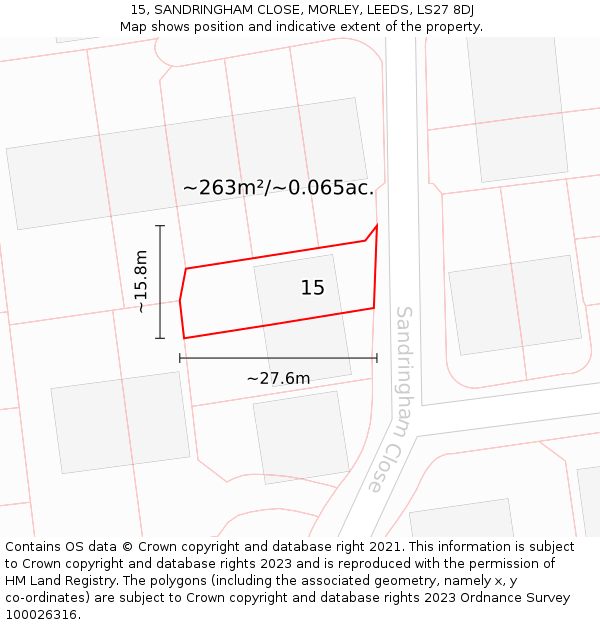 15, SANDRINGHAM CLOSE, MORLEY, LEEDS, LS27 8DJ: Plot and title map
