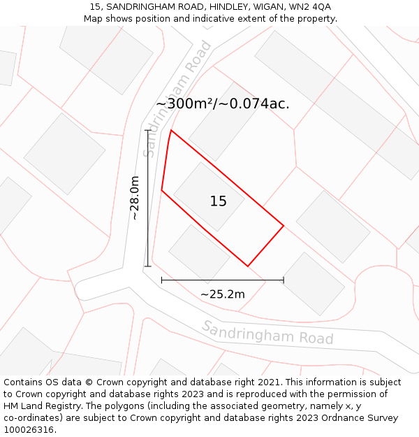 15, SANDRINGHAM ROAD, HINDLEY, WIGAN, WN2 4QA: Plot and title map