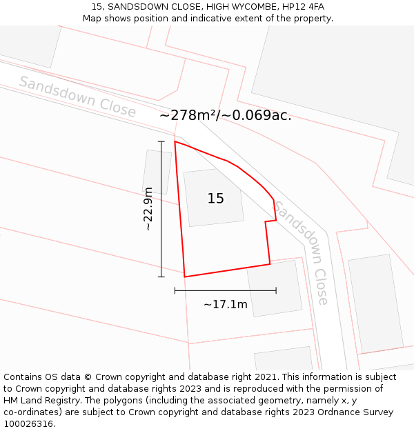 15, SANDSDOWN CLOSE, HIGH WYCOMBE, HP12 4FA: Plot and title map