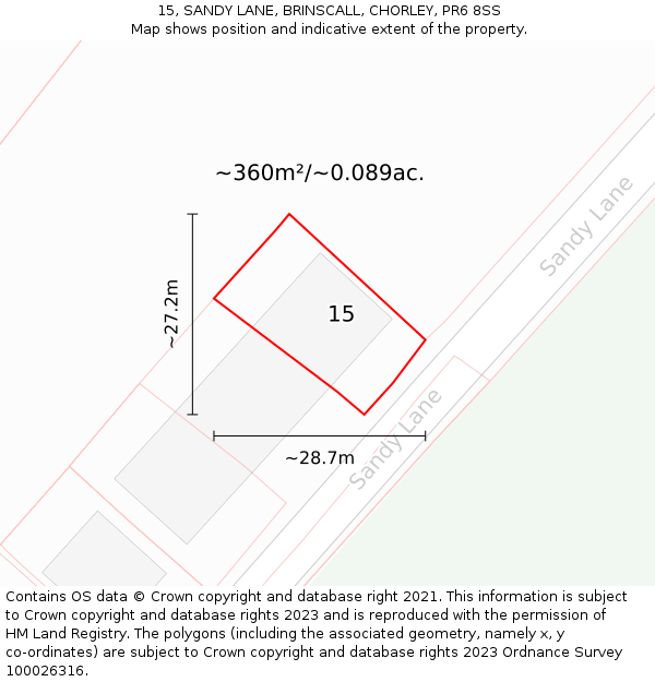 15, SANDY LANE, BRINSCALL, CHORLEY, PR6 8SS: Plot and title map