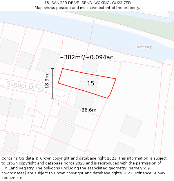 15, SANGER DRIVE, SEND, WOKING, GU23 7EB: Plot and title map