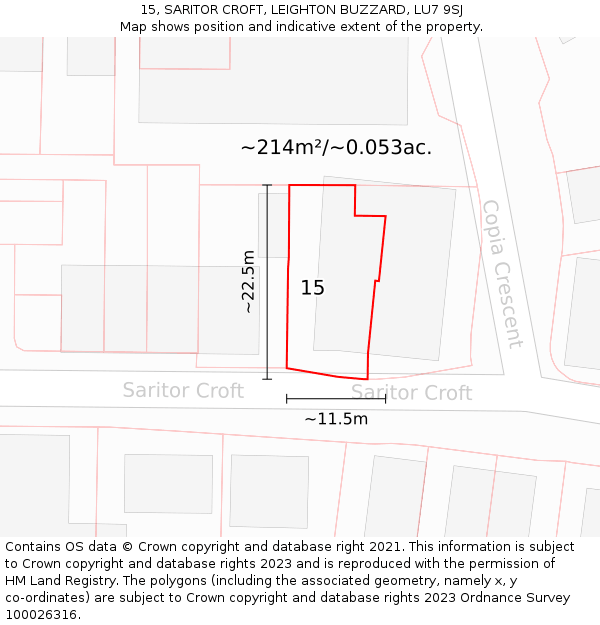 15, SARITOR CROFT, LEIGHTON BUZZARD, LU7 9SJ: Plot and title map
