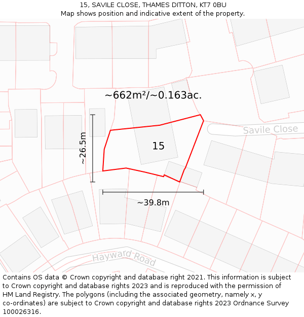 15, SAVILE CLOSE, THAMES DITTON, KT7 0BU: Plot and title map