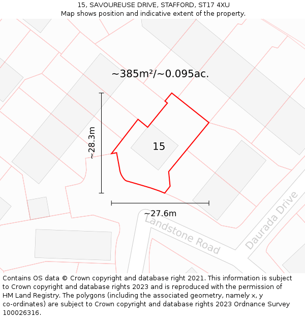 15, SAVOUREUSE DRIVE, STAFFORD, ST17 4XU: Plot and title map