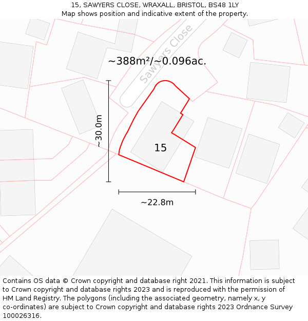 15, SAWYERS CLOSE, WRAXALL, BRISTOL, BS48 1LY: Plot and title map