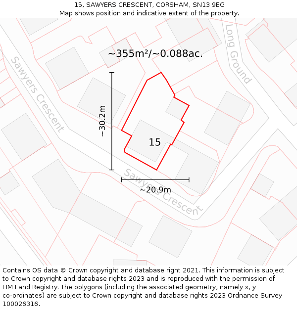 15, SAWYERS CRESCENT, CORSHAM, SN13 9EG: Plot and title map