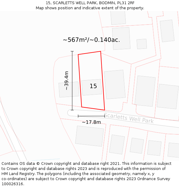 15, SCARLETTS WELL PARK, BODMIN, PL31 2RF: Plot and title map