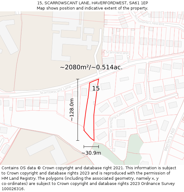 15, SCARROWSCANT LANE, HAVERFORDWEST, SA61 1EP: Plot and title map