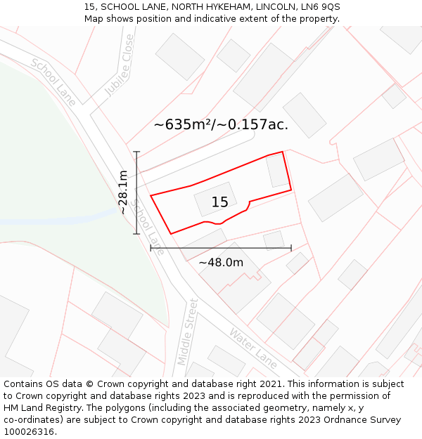 15, SCHOOL LANE, NORTH HYKEHAM, LINCOLN, LN6 9QS: Plot and title map