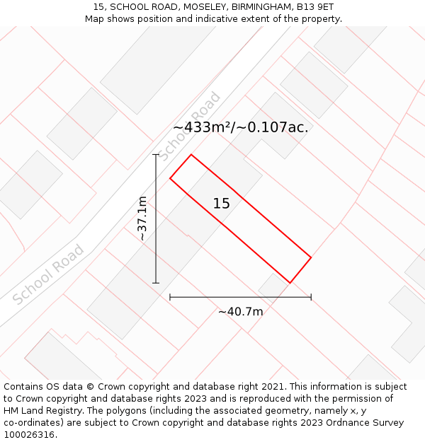 15, SCHOOL ROAD, MOSELEY, BIRMINGHAM, B13 9ET: Plot and title map