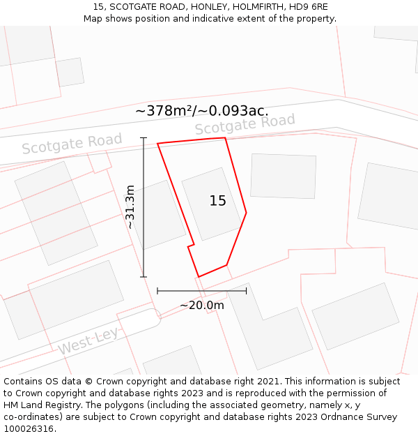 15, SCOTGATE ROAD, HONLEY, HOLMFIRTH, HD9 6RE: Plot and title map