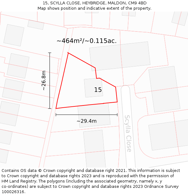 15, SCYLLA CLOSE, HEYBRIDGE, MALDON, CM9 4BD: Plot and title map