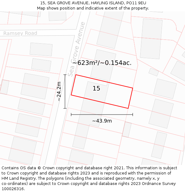 15, SEA GROVE AVENUE, HAYLING ISLAND, PO11 9EU: Plot and title map