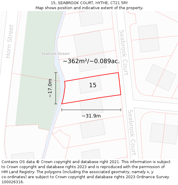 15, SEABROOK COURT, HYTHE, CT21 5RY: Plot and title map