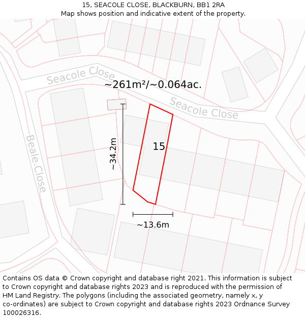15, SEACOLE CLOSE, BLACKBURN, BB1 2RA: Plot and title map