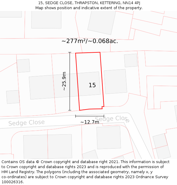 15, SEDGE CLOSE, THRAPSTON, KETTERING, NN14 4PJ: Plot and title map