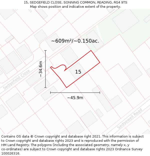 15, SEDGEFIELD CLOSE, SONNING COMMON, READING, RG4 9TS: Plot and title map