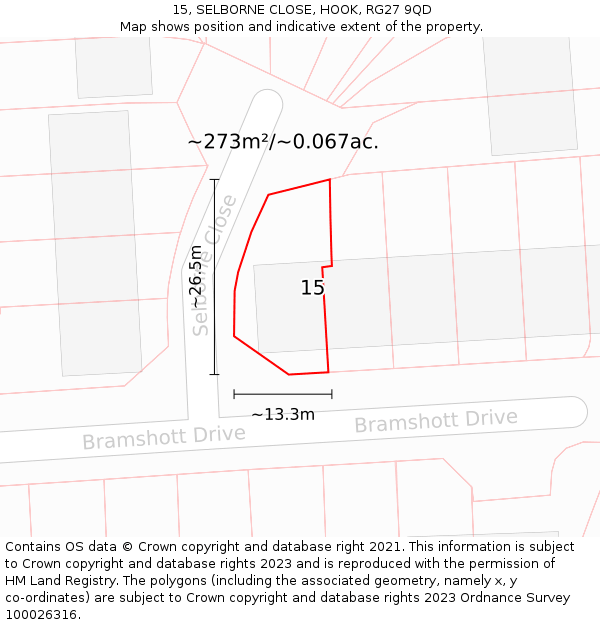 15, SELBORNE CLOSE, HOOK, RG27 9QD: Plot and title map