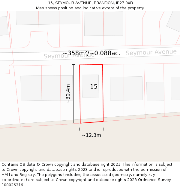 15, SEYMOUR AVENUE, BRANDON, IP27 0XB: Plot and title map