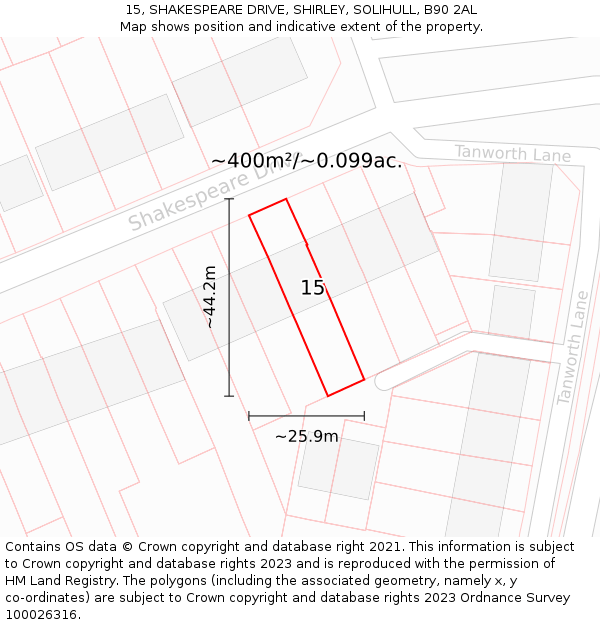 15, SHAKESPEARE DRIVE, SHIRLEY, SOLIHULL, B90 2AL: Plot and title map