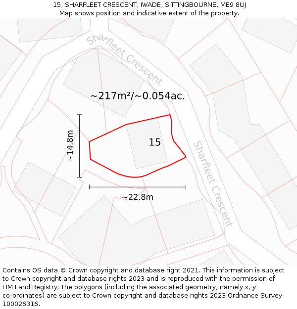 15, SHARFLEET CRESCENT, IWADE, SITTINGBOURNE, ME9 8UJ: Plot and title map