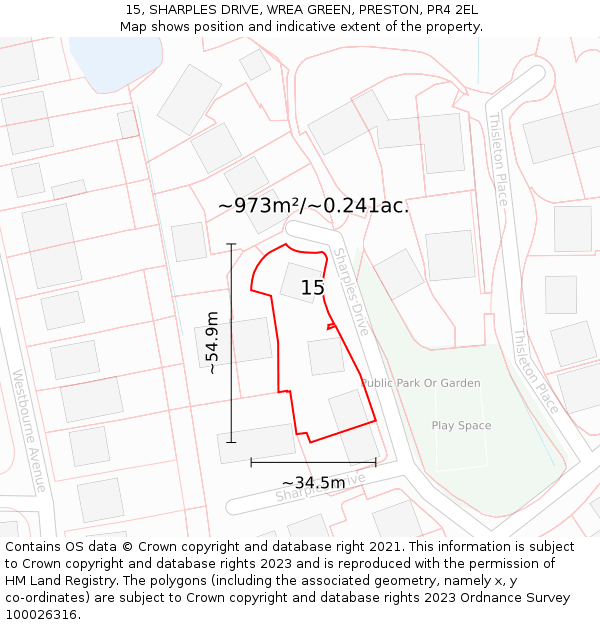 15, SHARPLES DRIVE, WREA GREEN, PRESTON, PR4 2EL: Plot and title map
