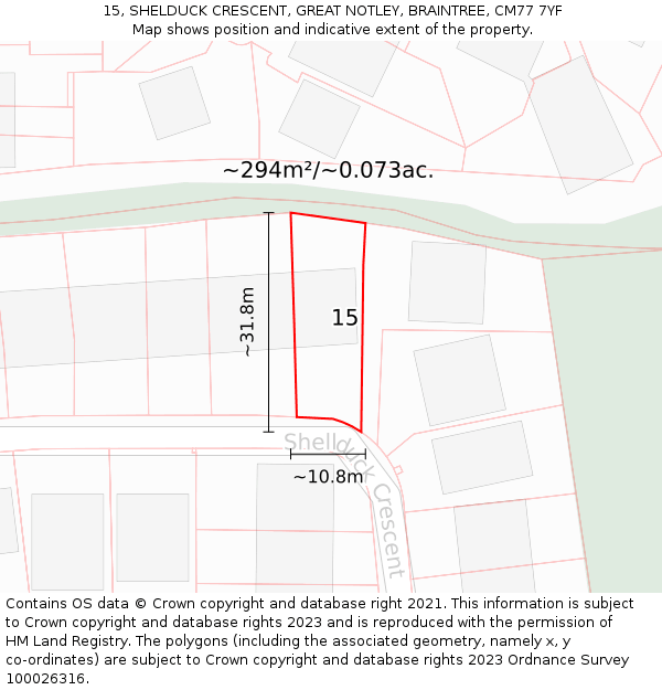 15, SHELDUCK CRESCENT, GREAT NOTLEY, BRAINTREE, CM77 7YF: Plot and title map