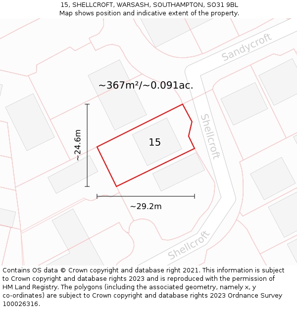 15, SHELLCROFT, WARSASH, SOUTHAMPTON, SO31 9BL: Plot and title map