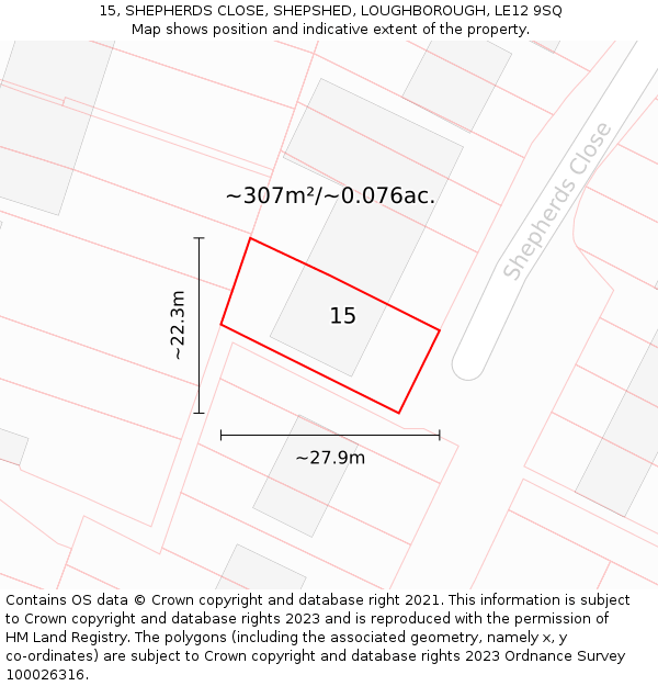15, SHEPHERDS CLOSE, SHEPSHED, LOUGHBOROUGH, LE12 9SQ: Plot and title map
