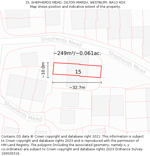 15, SHEPHERDS MEAD, DILTON MARSH, WESTBURY, BA13 4DX: Plot and title map