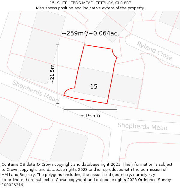 15, SHEPHERDS MEAD, TETBURY, GL8 8RB: Plot and title map