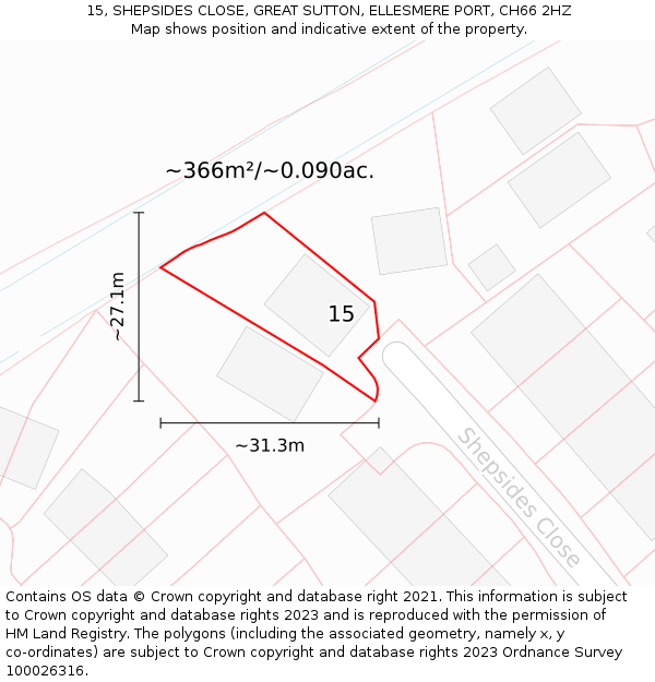 15, SHEPSIDES CLOSE, GREAT SUTTON, ELLESMERE PORT, CH66 2HZ: Plot and title map