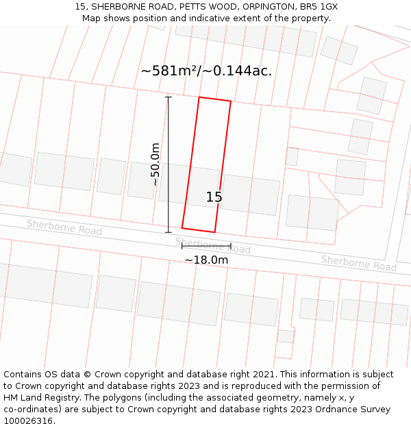 15, SHERBORNE ROAD, PETTS WOOD, ORPINGTON, BR5 1GX: Plot and title map