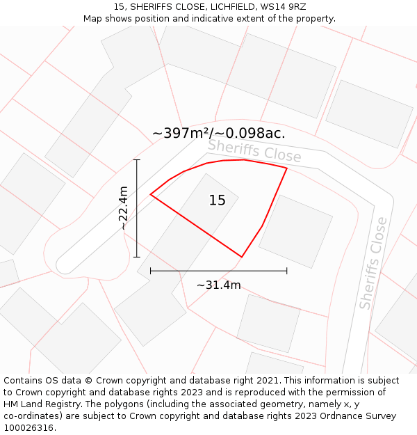 15, SHERIFFS CLOSE, LICHFIELD, WS14 9RZ: Plot and title map