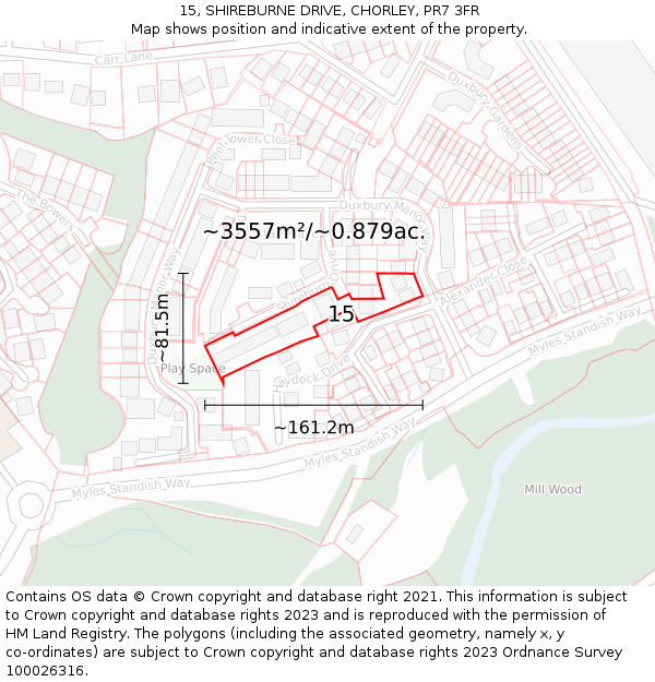 15, SHIREBURNE DRIVE, CHORLEY, PR7 3FR: Plot and title map