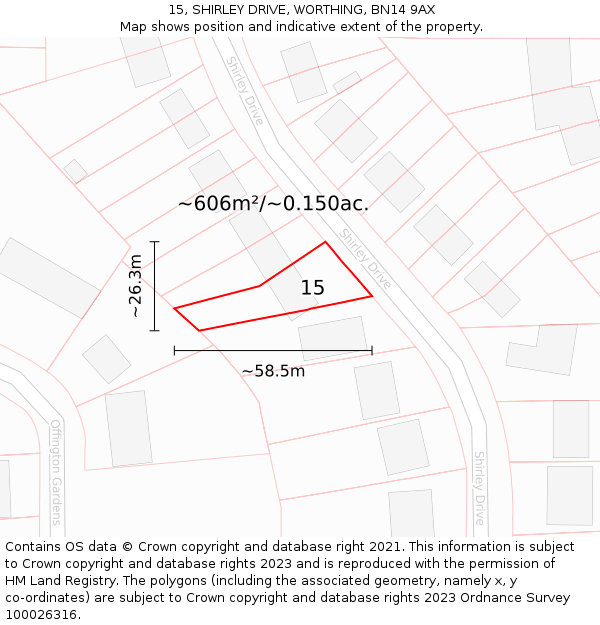 15, SHIRLEY DRIVE, WORTHING, BN14 9AX: Plot and title map