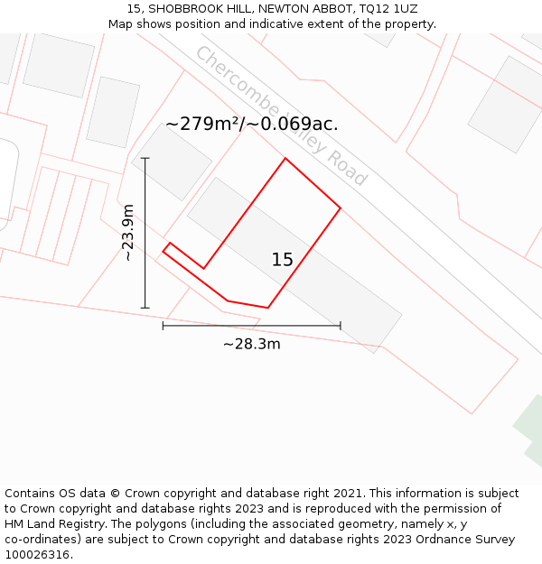 15, SHOBBROOK HILL, NEWTON ABBOT, TQ12 1UZ: Plot and title map