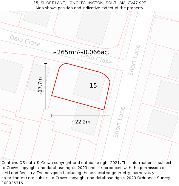 15, SHORT LANE, LONG ITCHINGTON, SOUTHAM, CV47 9PB: Plot and title map