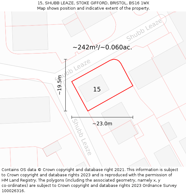 15, SHUBB LEAZE, STOKE GIFFORD, BRISTOL, BS16 1WX: Plot and title map