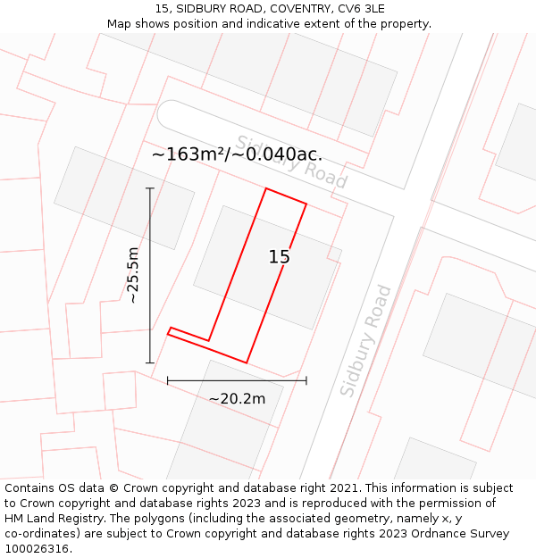 15, SIDBURY ROAD, COVENTRY, CV6 3LE: Plot and title map