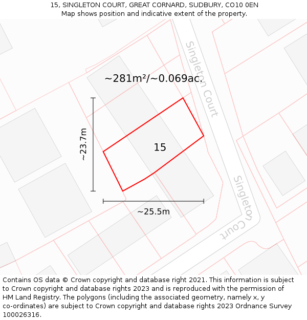 15, SINGLETON COURT, GREAT CORNARD, SUDBURY, CO10 0EN: Plot and title map