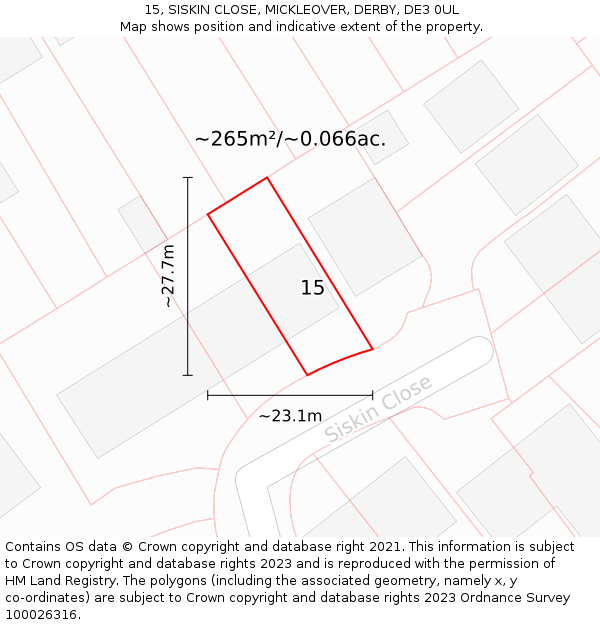 15, SISKIN CLOSE, MICKLEOVER, DERBY, DE3 0UL: Plot and title map