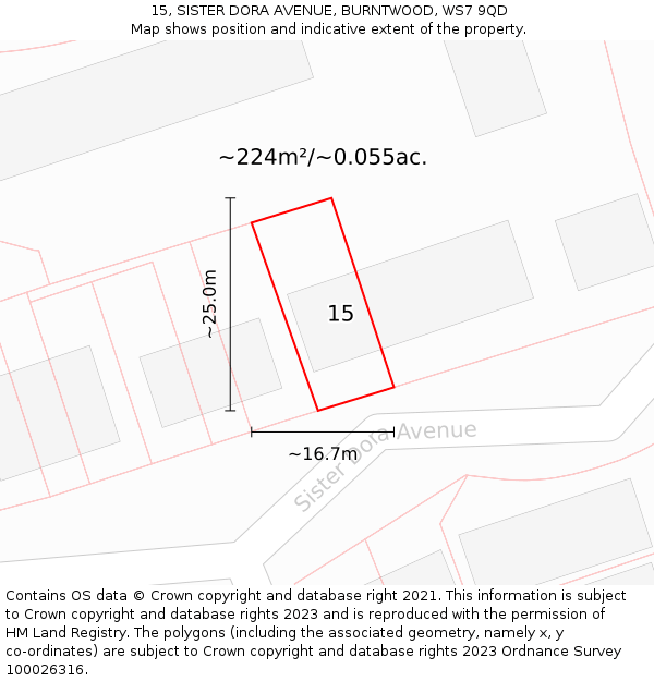 15, SISTER DORA AVENUE, BURNTWOOD, WS7 9QD: Plot and title map