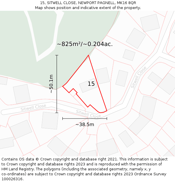 15, SITWELL CLOSE, NEWPORT PAGNELL, MK16 8QR: Plot and title map