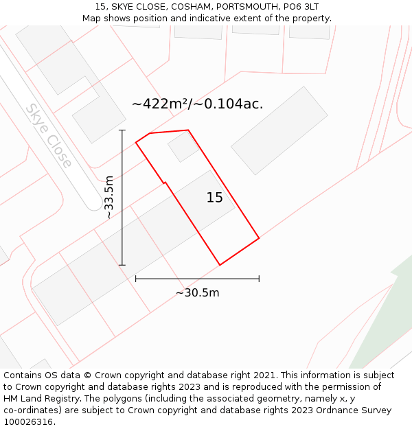 15, SKYE CLOSE, COSHAM, PORTSMOUTH, PO6 3LT: Plot and title map
