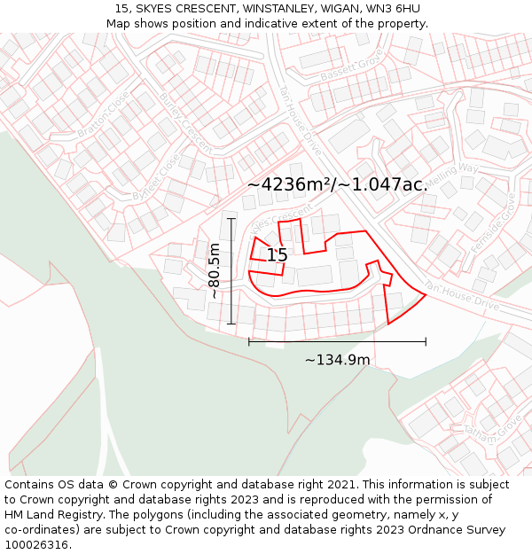 15, SKYES CRESCENT, WINSTANLEY, WIGAN, WN3 6HU: Plot and title map