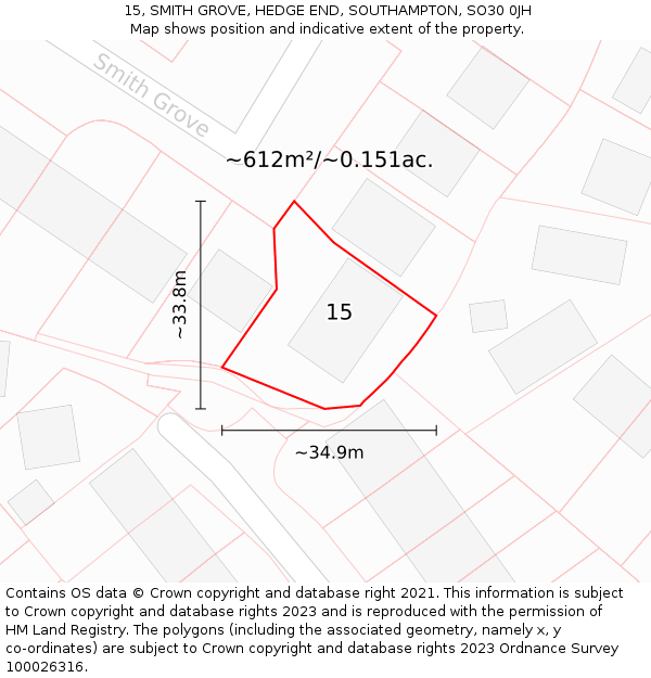 15, SMITH GROVE, HEDGE END, SOUTHAMPTON, SO30 0JH: Plot and title map