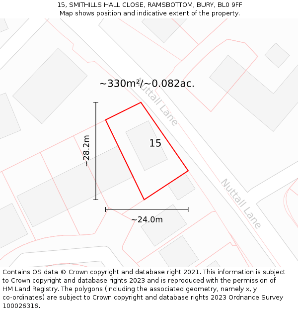 15, SMITHILLS HALL CLOSE, RAMSBOTTOM, BURY, BL0 9FF: Plot and title map