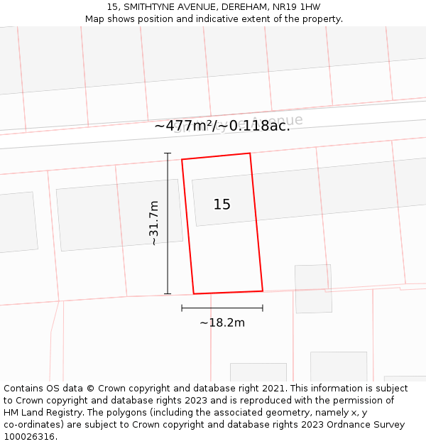 15, SMITHTYNE AVENUE, DEREHAM, NR19 1HW: Plot and title map
