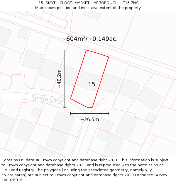 15, SMYTH CLOSE, MARKET HARBOROUGH, LE16 7NS: Plot and title map